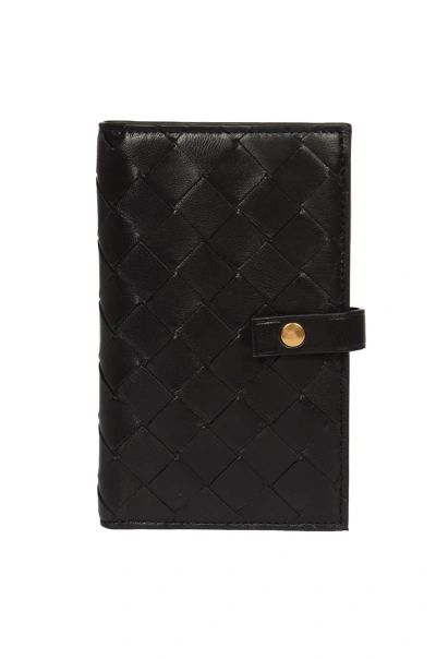 Bottega Veneta Weave Buttoned Wallet In Black/gold