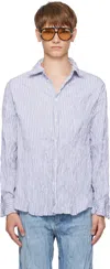 Bottega Veneta White & Navy Crushed Cotton Striped Shirt In Blue