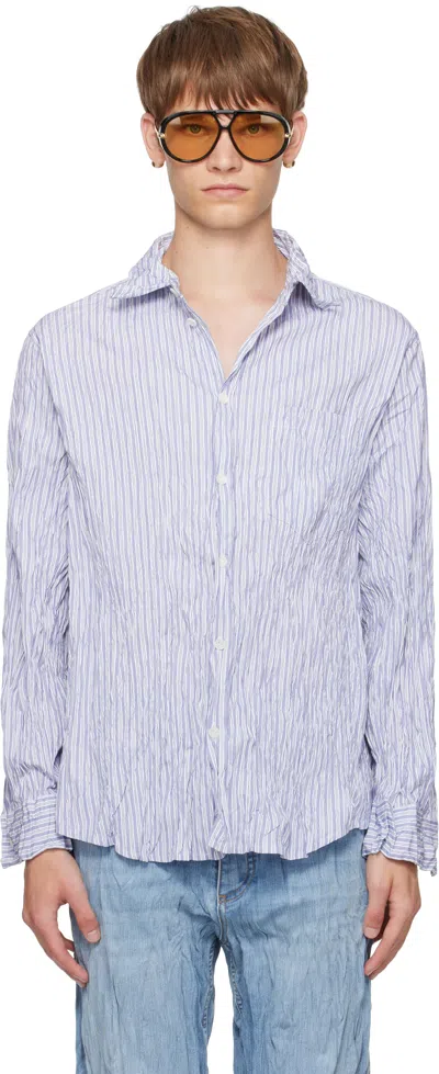 Bottega Veneta White & Navy Crushed Cotton Striped Shirt In Blue