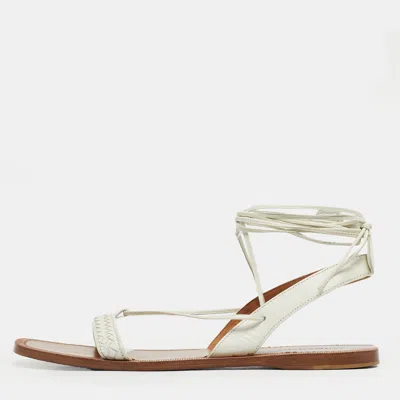 Pre-owned Bottega Veneta White Intrecciato Leather Ankle Wrap Flat Sandals Size 39