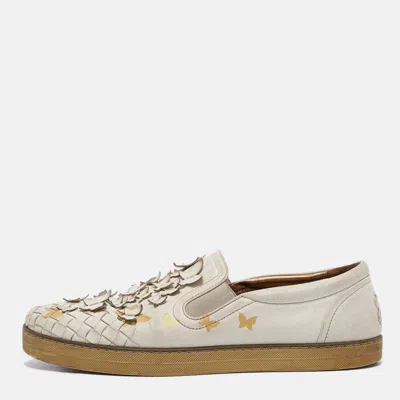 Pre-owned Bottega Veneta White Intrecciato Leather Butterfly Embellished Slip On Sneakers Size 39
