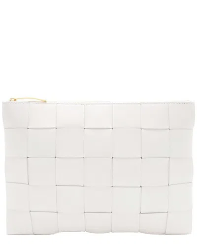Pre-owned Bottega Veneta White Intrecciato Nappa Leather Cassette Medium Flat Zip Pouch  (authentic Pre-loved)