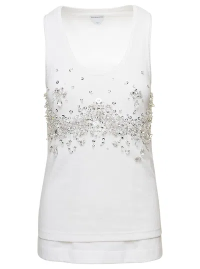 Bottega Veneta White Ribbed Tank Top With Embroidered Crystal Embellishment In Jersey Woman In Multicolor