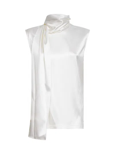 Bottega Veneta White Stretch Silk Satin Top With Integrated Scarf Detail
