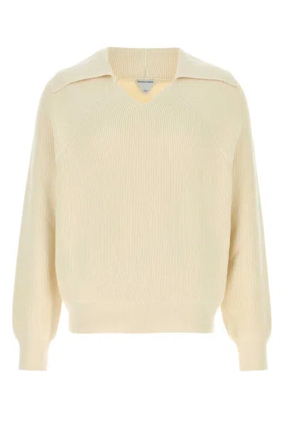 BOTTEGA VENETA WHITE V-NECK RIBBED SWEATER