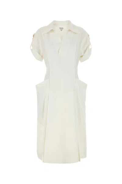 Bottega Veneta Shoulder Detail Belted Waist Embroidered V-neck Dress In White
