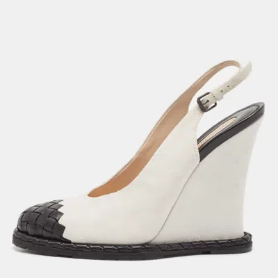 Pre-owned Bottega Veneta White/black Intrecciato Suede And Leather Espadrille Wedge Sandals Size 39