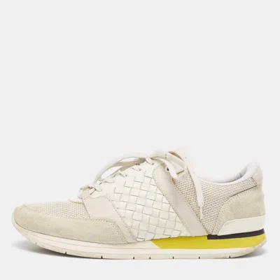 Pre-owned Bottega Veneta White/grey Intrecciato Leather And Suede Lace Up Trainers Size 42