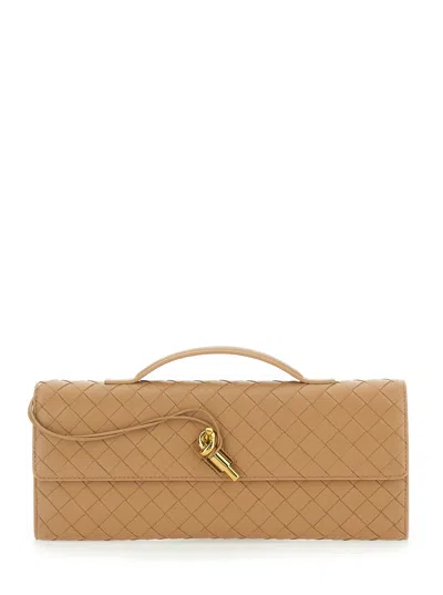 Bottega Veneta Women 'andiamo' Beige Clutch With Handle And Intreccio Motif In Leather Woman In Multi