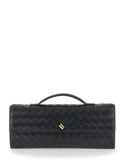Bottega Veneta Women 'andiamo' Black Clutch With Handle And Intreccio Motif In Leather Woman