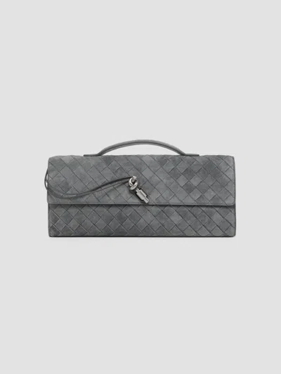 Bottega Veneta Women's Andiamo Intrecciato-suede Top-handle Clutch In Obsidian Grey