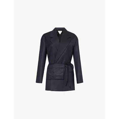 Bottega Veneta Striped Wool Belted Jacket In Black/blue Melange