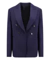 BOTTEGA VENETA LUXURIOUS NAVY BLUE RAFFIA JACKET WITH INTRECCIATO WEAVE AND LEATHER TRIM