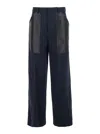 Bottega Veneta Women Blue Wide Leg Trousers With Two Leather Pockets On The Front In Wool And Cotton In Black