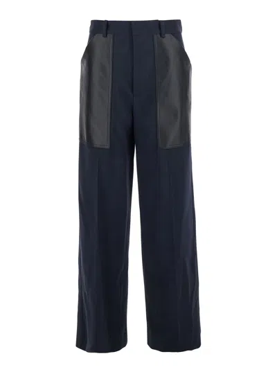 BOTTEGA VENETA BOTTEGA VENETA WOMEN BLUE WIDE LEG TROUSERS WITH TWO LEATHER POCKETS ON THE FRONT IN WOOL AND COTTON