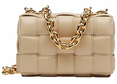 Pre-owned Bottega Veneta Women's  Chain Cassette Padded Intreccio Shoulder Bag In Porridge