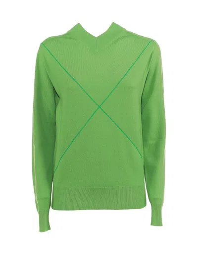 Pre-owned Bottega Veneta Women's  Cross Printed Vneck Sweater In Green