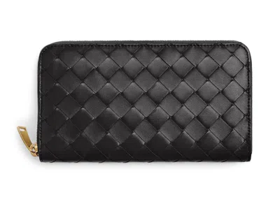 Pre-owned Bottega Veneta Women's  Zip Around Wallet Intrecciato In Nero In Black