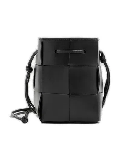 Bottega Veneta Mini Leather Bucket Bag With Woven Design In Black
