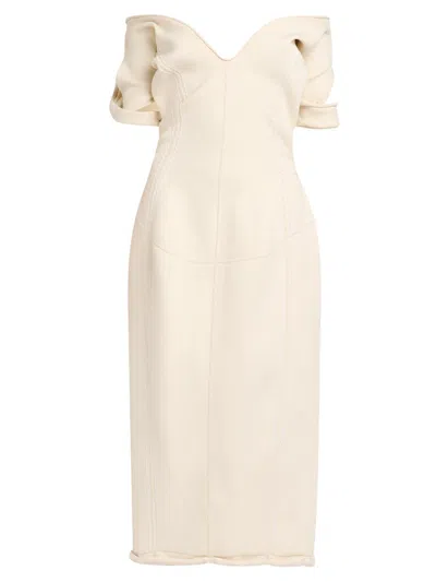 Bottega Veneta Off-the-shoulder Midi Sweater Dress In Neutral