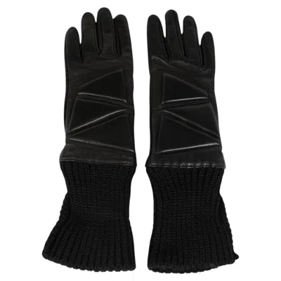 Pre-owned Bottega Veneta Women Geometric Gloves Size 6.5 Small Black Leather Wool Cashmere