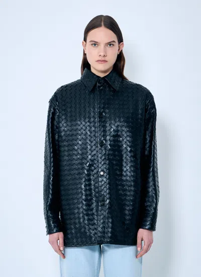Bottega Veneta Women Intrecciato Leather Overshirt In Black