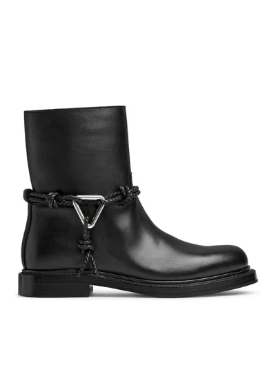 Bottega Veneta Women Black Ankle Boots With Metallic Detail On The Side And Applied Laces In Leather