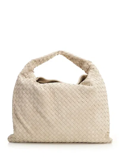 Bottega Veneta Large Hop Intrecciato Suede Shoulder Bag In Sand