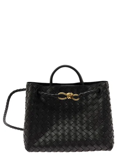 Bottega Veneta Women 'medium Andiamo' Black Handbag With Knot Detail And Intreccio Motif In Leather  In Multi