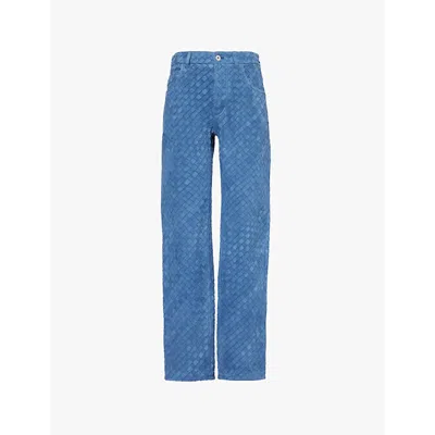 Bottega Veneta Intrecciato Woven Leather Straight Leg Trousers In Mid Blue