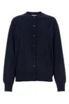 Shop Bottega Veneta Women Navy Blue Stretch Linen Blend Cardigan
