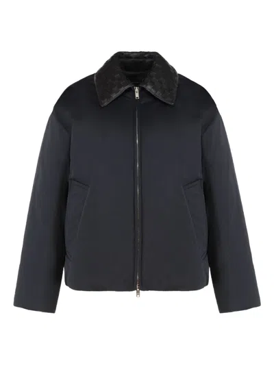 Bottega Veneta Beige Padded Bomber With Intreccio Leather Collar In Black