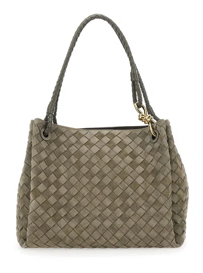 Bottega Veneta Women 'parachute Large' Green Shoulder Bag With All-over Intreccio Motif And Removabl In Brown