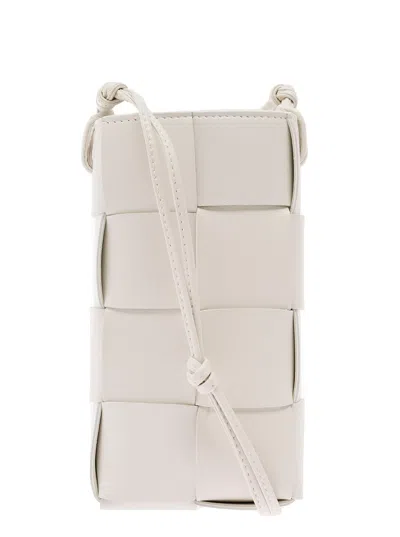 Bottega Veneta Women 'phone Pouch' White Shoulder Bag With Knot Details In Intreccio Nappa Leather W In Neutral