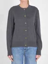 Bottega Veneta Grey Crewneck Cardigan With Knot Buttons Closure And Ribbed Knit In Wool Woman