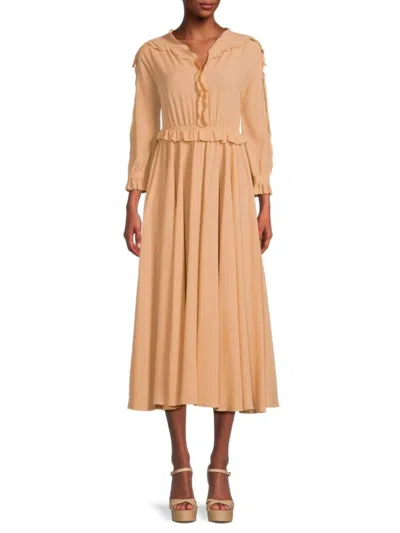 Bottega Veneta Women's Ruffle Silk Midi Dress In Brown