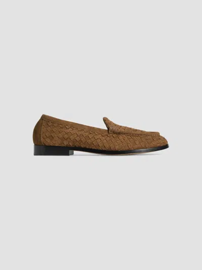 Bottega Veneta Supple Suede Loafer With Woven Detail And Leather Outsole In Brown