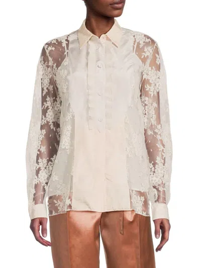 Bottega Veneta Women's Silk Lace Button Down Shirt In White