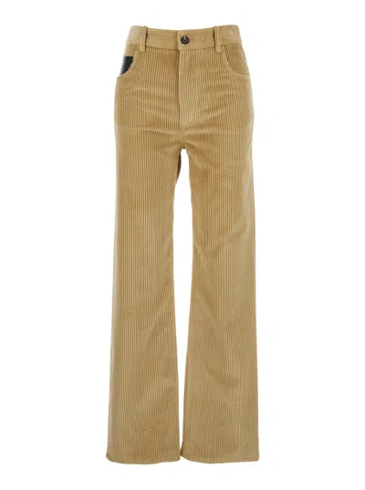 Bottega Veneta Leather-trimmed Cotton-corduroy Straight-leg Pants In Gold