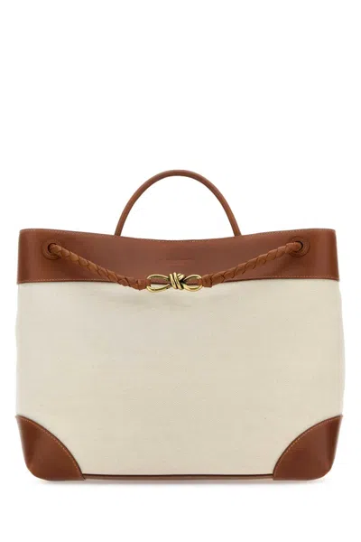 Bottega Veneta Women Two-tone Canvas And Leather Large Andiamo Handbag In Neutral