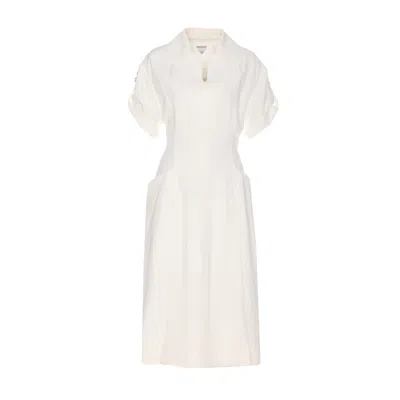 Bottega Veneta Shoulder Detail Belted Waist Embroidered V-neck Dress In White