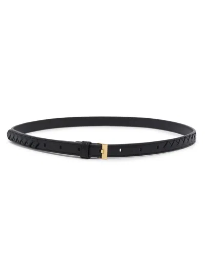 Bottega Veneta Watch-buckle Intrecciato Skinny Leather Belt In Black