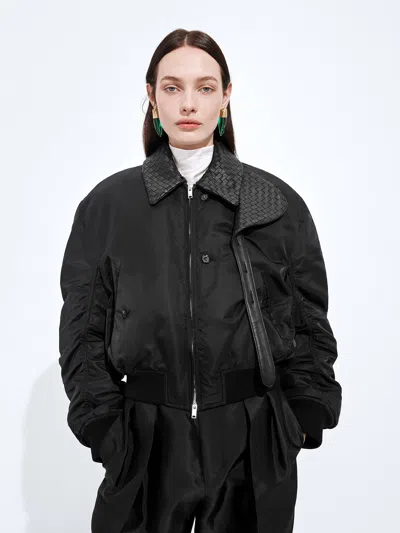 Bottega Veneta Women's Waterproof Satin Padded Jacket With Leather Collar - Size 38 In Black