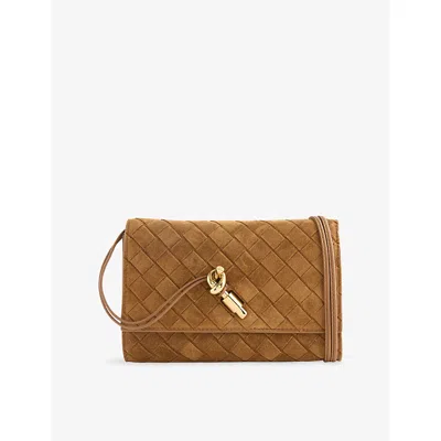 Bottega Veneta Womens Andiamo Suede Wallet-on-strap Dark Caramel Brass