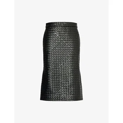 BOTTEGA VENETA WOMENS INTRECCIATO TWO-SLIP-POCKETS LEATHER MIDI SKIRT BLACK