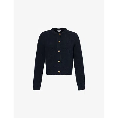 BOTTEGA VENETA WOMENS NAVY BOUCLÉ KNOT-DESIGN-BUTTON KNITTED CARDIGAN