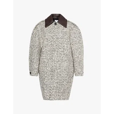 Bottega Veneta Wool Boucle Chevron Coat In Charcoal Beige