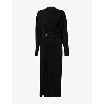 BOTTEGA VENETA WOMENS BLACK DRAPED LONG-SLEEVES WOVEN MIDI DRESS
