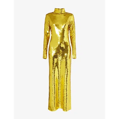 Bottega Veneta Womens High-neck Sequin-embellished Woven Maxi Dress Gold