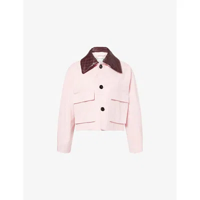 Bottega Veneta Womens Intrecciato-collar Irregular Twill Cropped Cotton Jacket Camelia In Pink